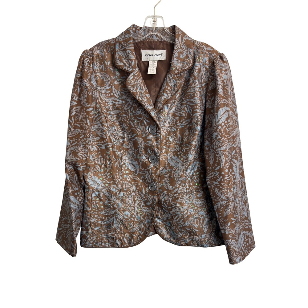 Victor Costa Womens Brown Blue Beaded‎ Paisley Blazer Jacket Size 14 Lightweight
